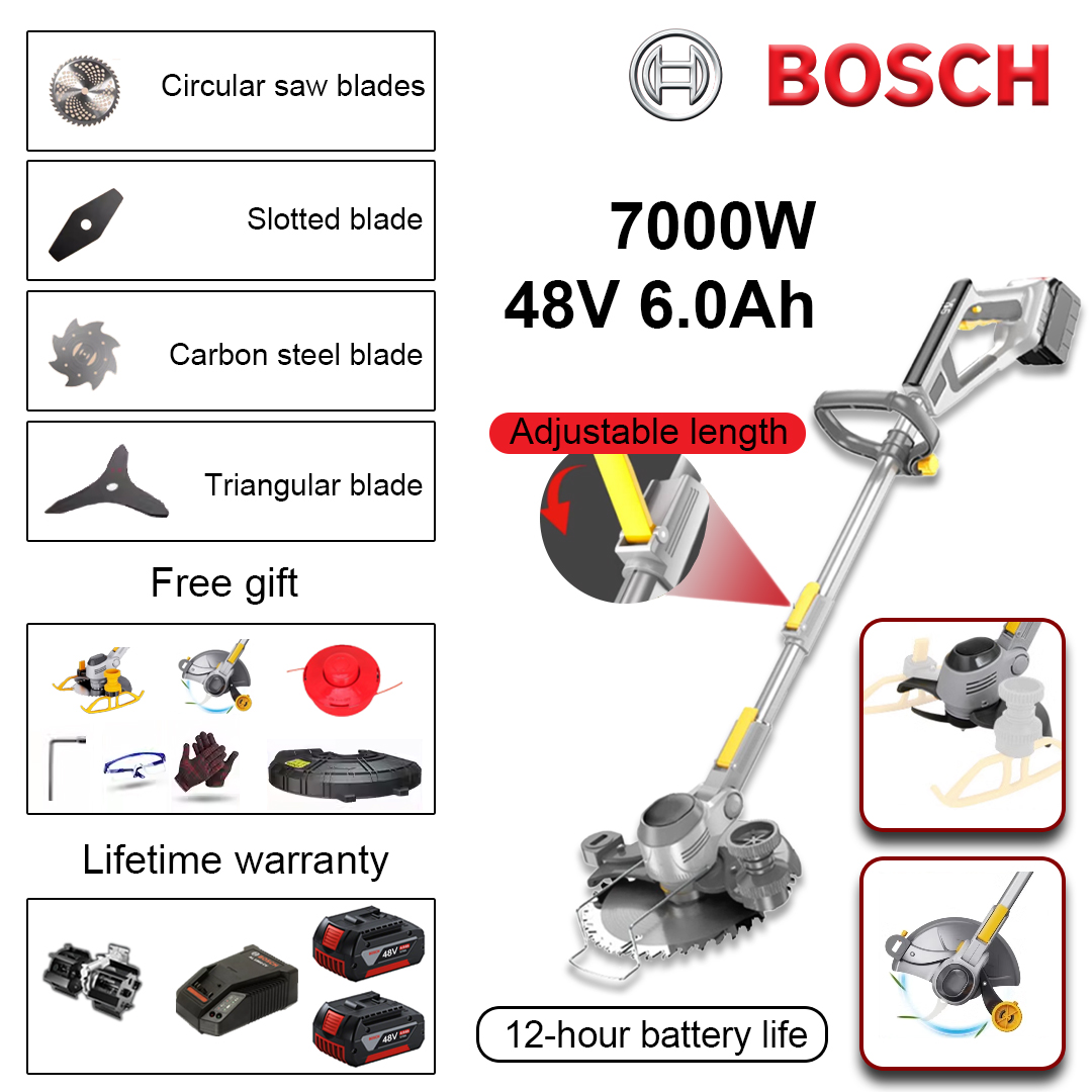 (Duración de la batería 12 horas) Cortadora de césped de 7000 W * 1 + batería de litio de 48 V 6,0 Ah * 2 + hoja de sierra circular * 1 + hoja de sierra recta * 1 + cabezal de hoja anti-enrollamiento * 1 + cabezal de hoja triangular * 1 + cabezal de hoja de aflojamiento de aleación * 1 + cargador * 1 + cabezal de corte de césped * 1 + juego de destornilladores * 1 + gafas * 1 + guantes * 1 + cubierta protectora * 1 + rueda de tanque * 1 + rueda lateral * 1