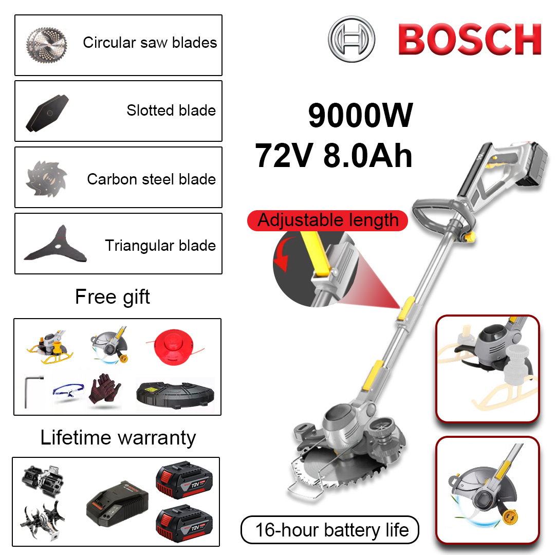 (Duración de la batería 16 horas) Cortadora de césped de 9000 W * 1 + batería de litio de 72 V 8,0 Ah * 2 + hoja de sierra circular * 2 + hoja de sierra recta * 2 + cabezal de hoja anti-enrollamiento * 2 + cabezal de hoja triangular * 1 + cabezal de hoja de aflojamiento de aleación * 1 + cabezal de desmalezado de aleación * 1 + cargador * 1 + cabezal de corte de césped * 1 + juego de destornilladores * 1 + gafas * 1 + guantes * 1 + cubierta protectora * 1 + rueda de tanque * 1 + rueda lateral * 1