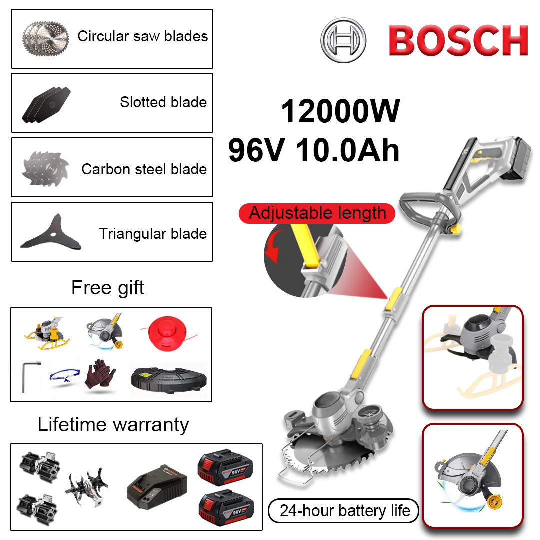 (Duración de la batería 24 horas) Cortadora de césped de 12000 W * 1 + batería de litio de 96 V 10,0 Ah * 2 + hoja de sierra circular * 3 + hoja recta * 3 + cabezal de hoja anti-enrollamiento * 3 + cabezal de hoja triangular * 1 + cabezal de hoja de aflojamiento de aleación * 2 + cabezal de desmalezado de aleación * 1 + cargador * 1 + cabezal de corte de césped * 1 + juego de destornilladores * 1 + gafas * 1 + guantes * 1 + cubierta protectora * 1 + rueda de tanque * 1 + rueda lateral * 1