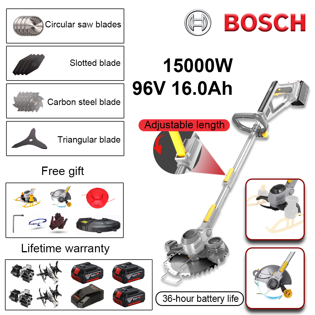 (Duración de la batería 36 horas) Cortadora de césped de 15000 W*1+batería de litio de 96 V 16,0 Ah*3+hoja de sierra circular*4+hoja recta*4+cabezal de hoja antienrollamiento*4+cabezal de hoja triangular*1+cabezal de hoja de aflojamiento de aleación*2+cabezal de desmalezado de aleación*2+cargador*1+cabezal de corte de césped*1+juego de destornilladores*1+gafas*1+guantes*1+cubierta protectora*1+rueda de tanque*1+rueda lateral*1